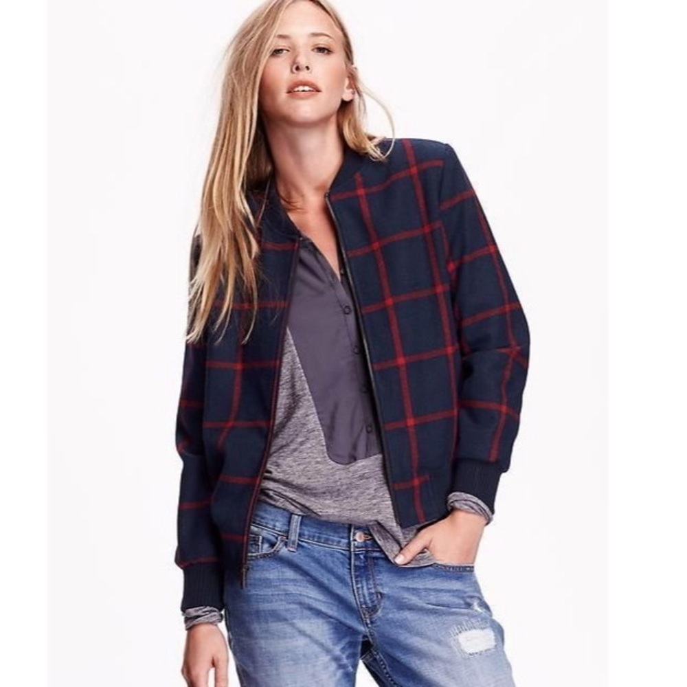 Old Navy Windowpane Plaid Bomber Jacket Wool Blend Sherpa Lined Blue/Red Sz XXL